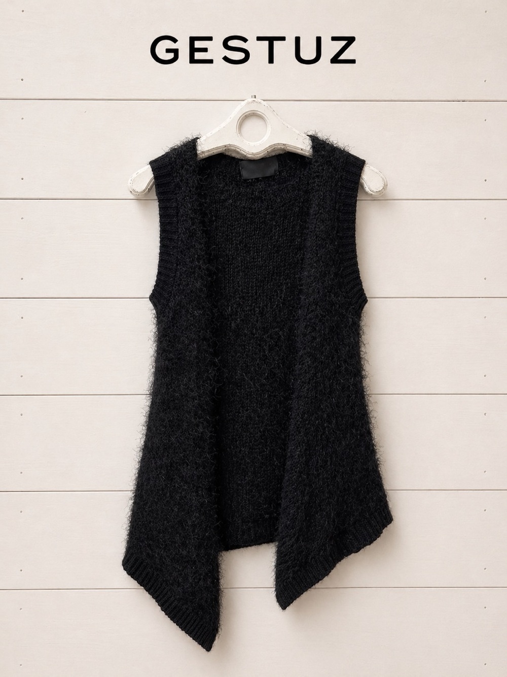 GESTUZ – Black Fuzzy Knit Asymmetrical Sleeveless Top – Size S